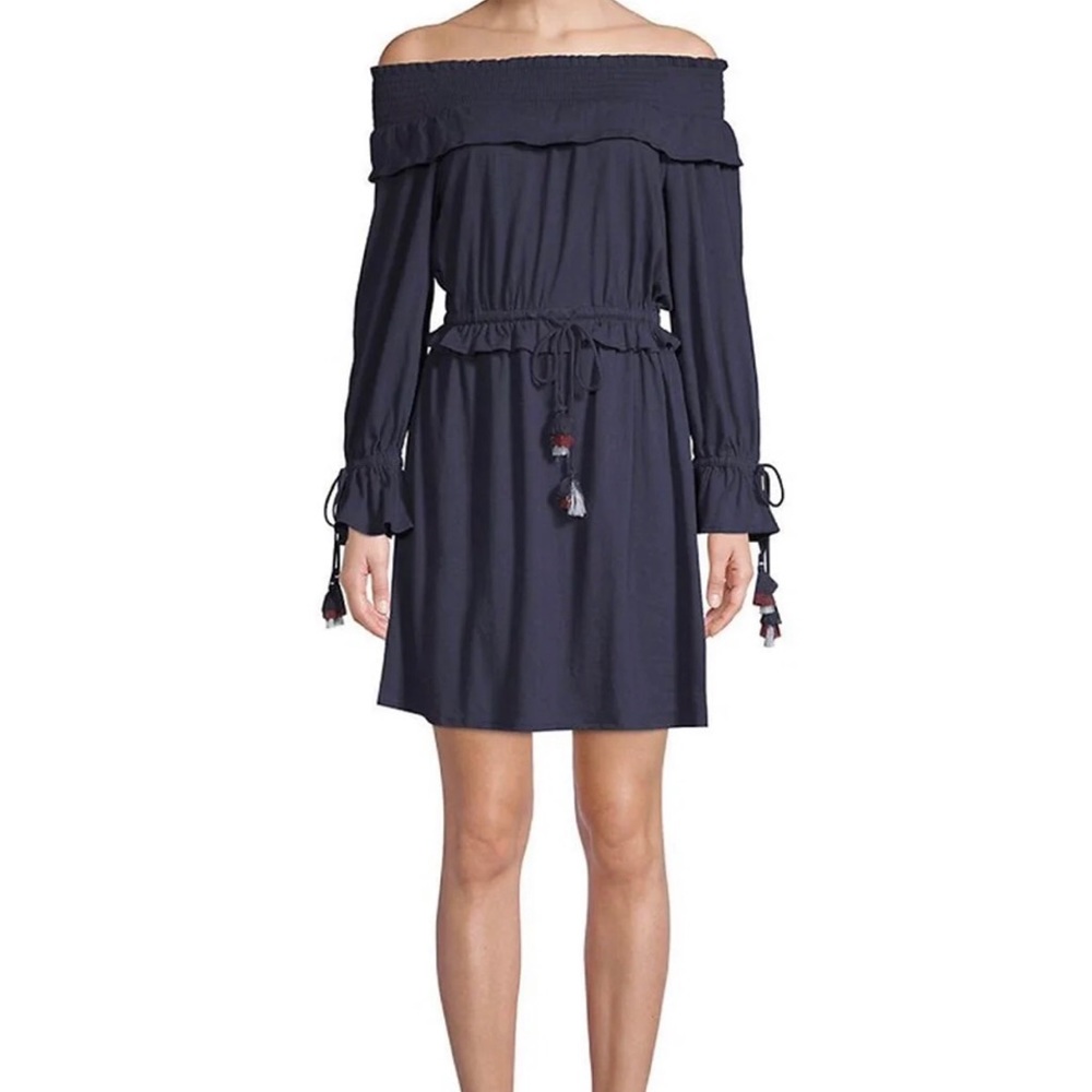 Rebecca Minkoff navy off the shoulder dress!